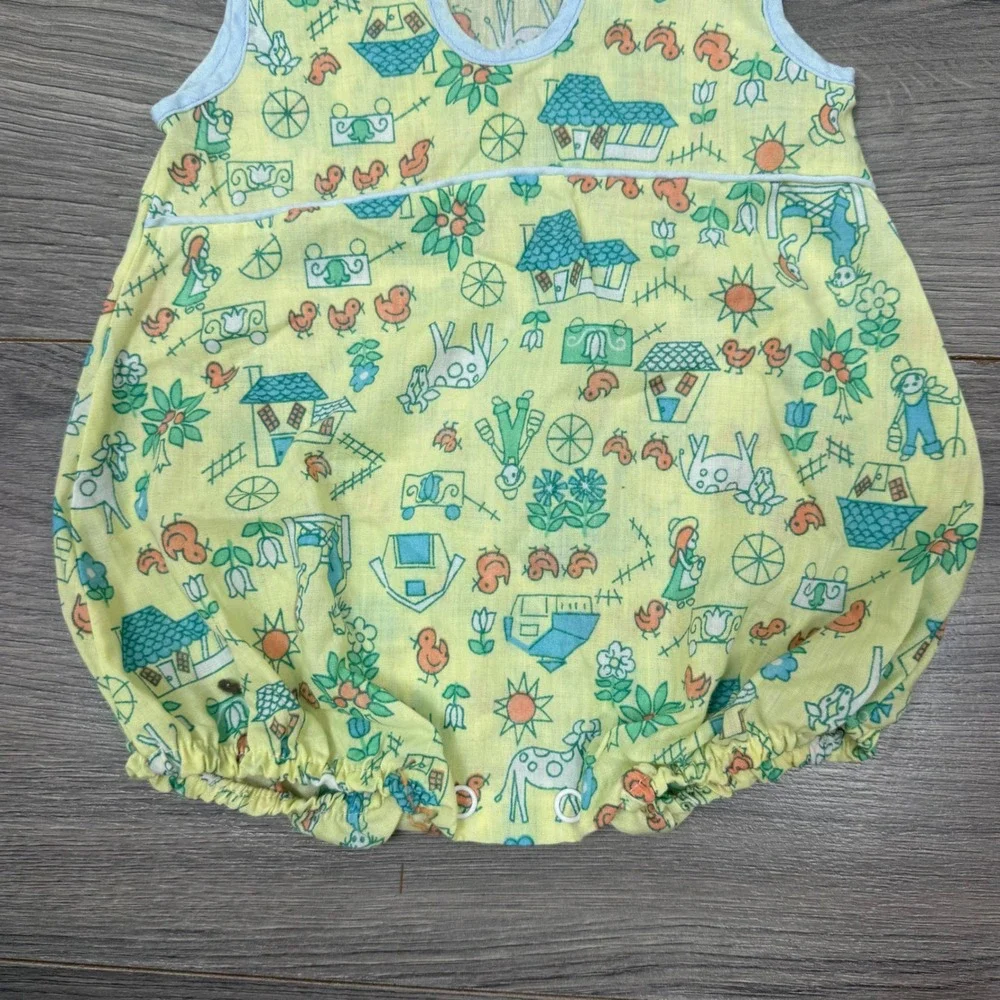 Vintage Baby Romper Farm Animal Print Yellow Cotton One‑Piece 3–6M Cottagecore